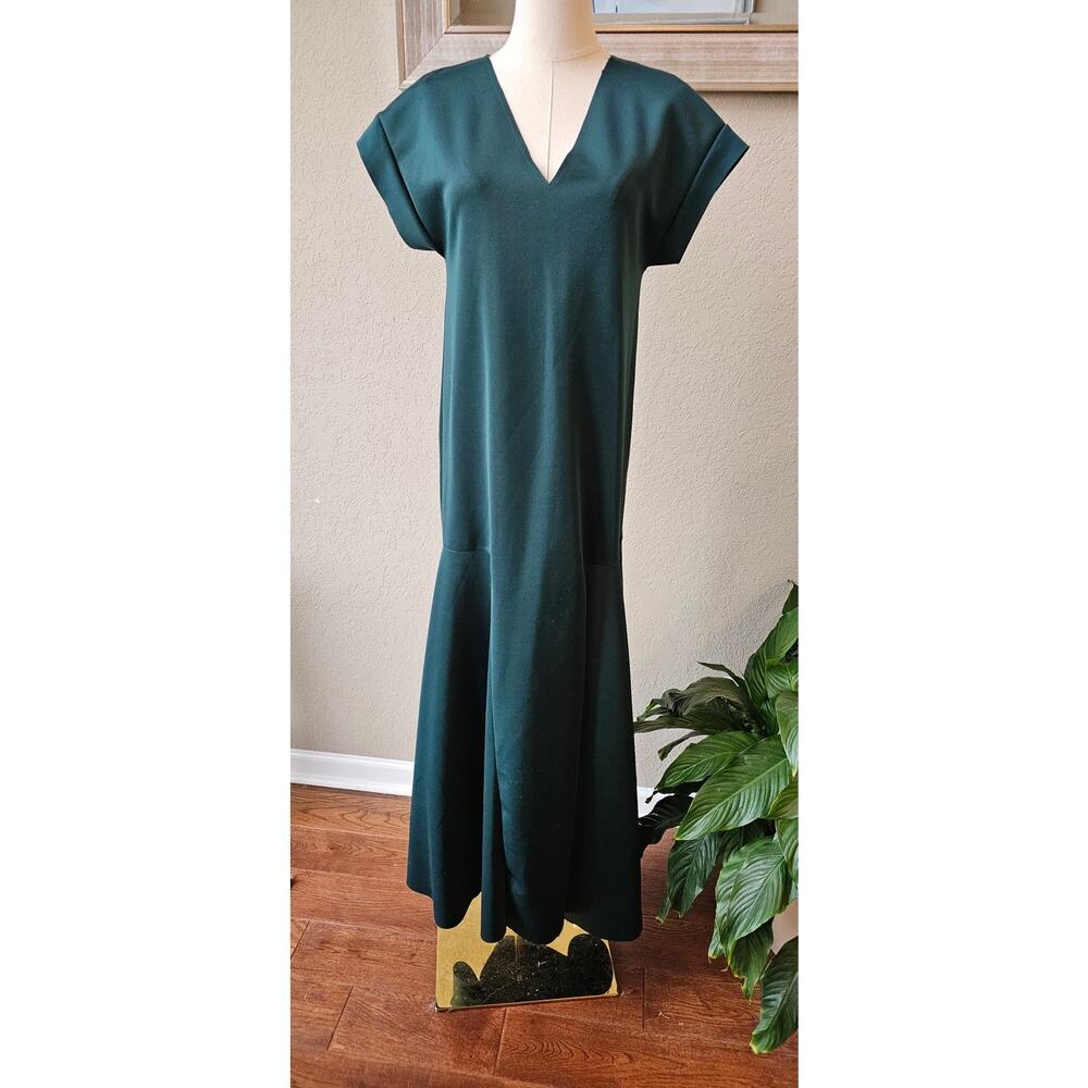 Zara V-Neck Flowy Maxi Dress Women Size S Oversized Green Boho Stretch Pullover‎